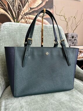Tory Burch Green and Navy Leather Tote